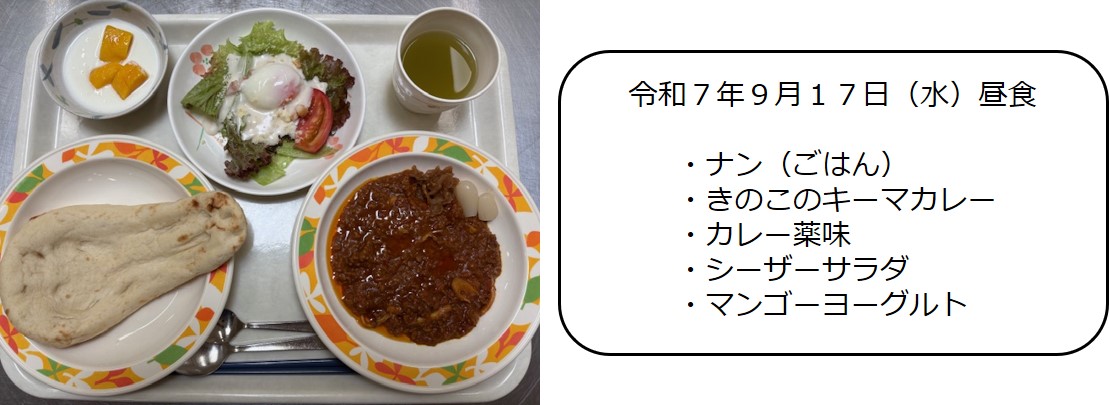 ９月１７日（昼食　ナン（ごはん）、きのこのキーマカレー、カレー薬味、シーザーサラダ、マンゴーヨーグルト）