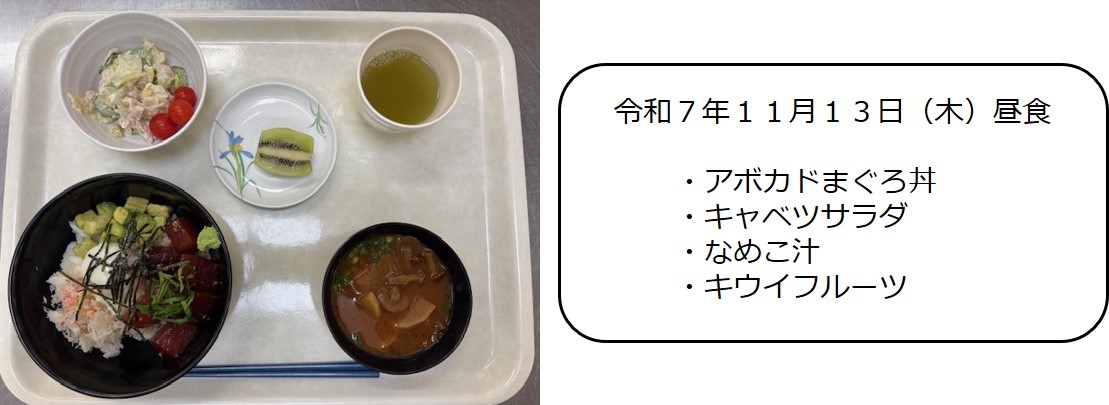 １１月１３日（昼食　・アボカドまぐろ丼・キャベツサラダ・なめこ汁・キウイフルーツ）